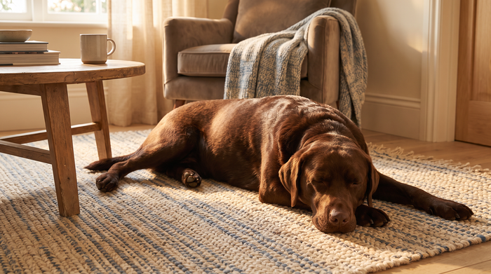 Chocolate Labrador sleeping stretched out on a woven rug in a sunlit, cozy living room.