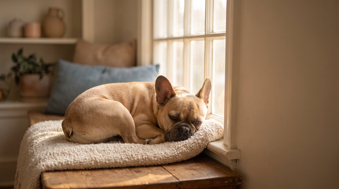 Sleepy French Bulldog curled up on a plush cream dog bed in a sunlit window nook.