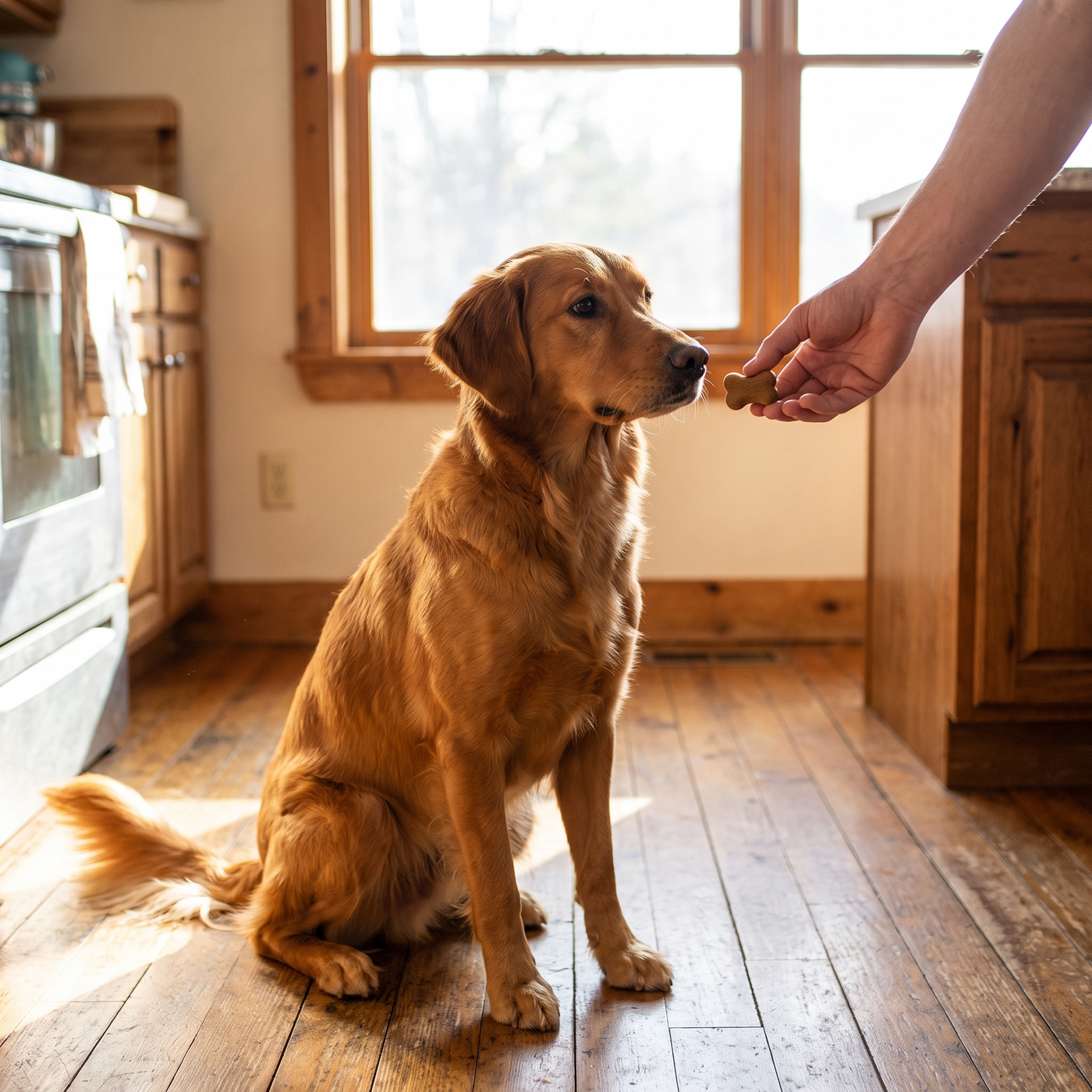 A golden retriever being offered a soft joint-support chew in a warm kitchen