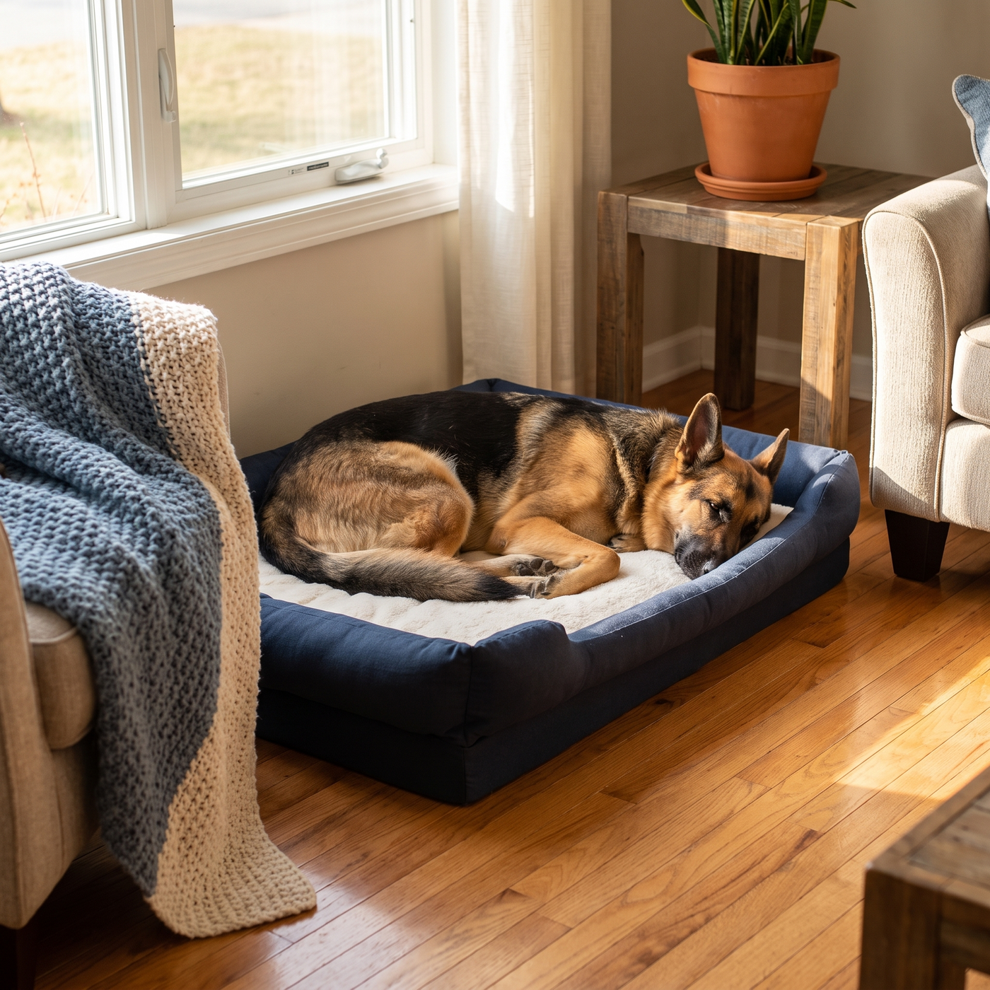 A German Shepherd resting on Sir Archer's navy bolster orthopedic dog bed in a sunlit living room