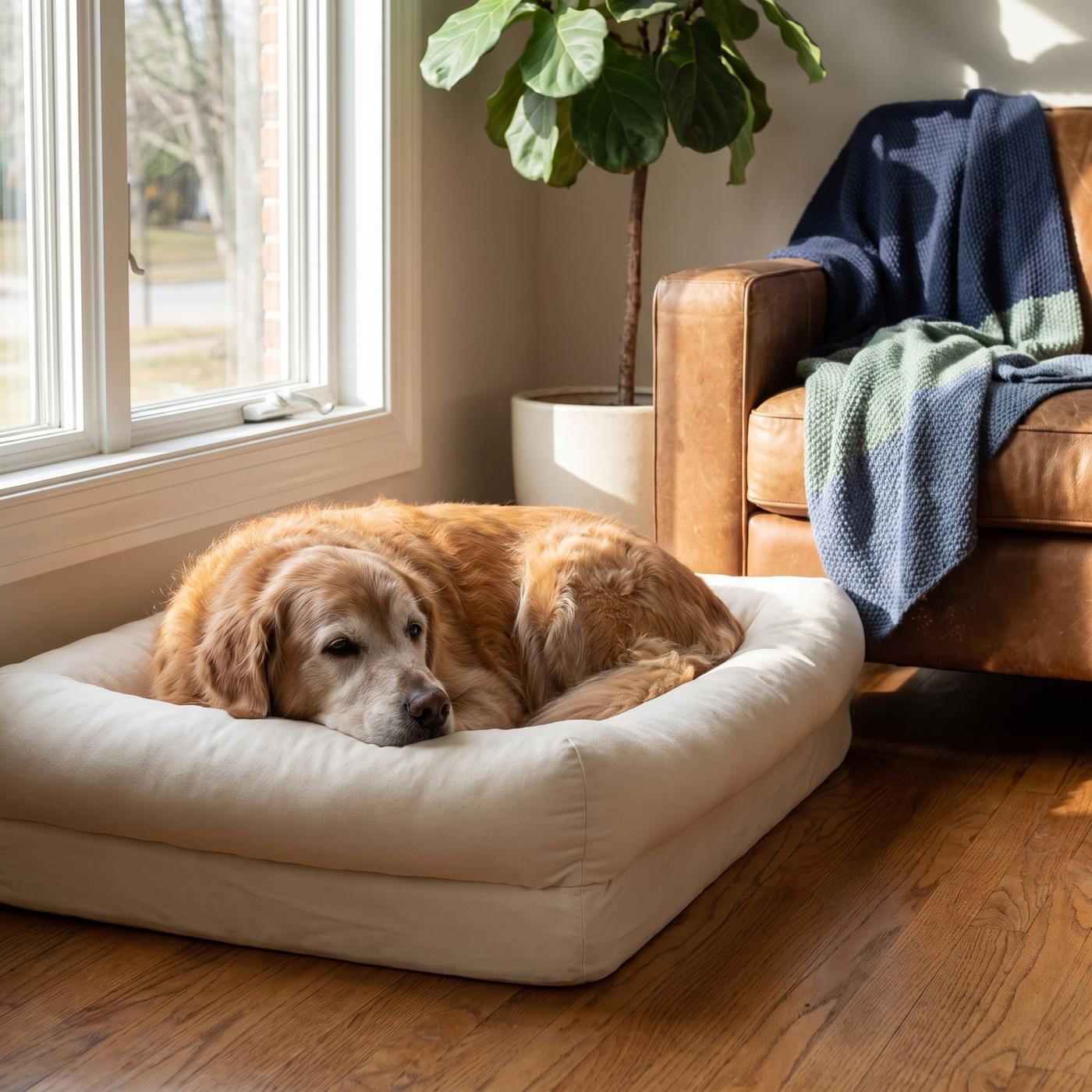 A senior golden retriever resting on Sir Archer's cream bolster orthopedic dog bed in a cozy living room