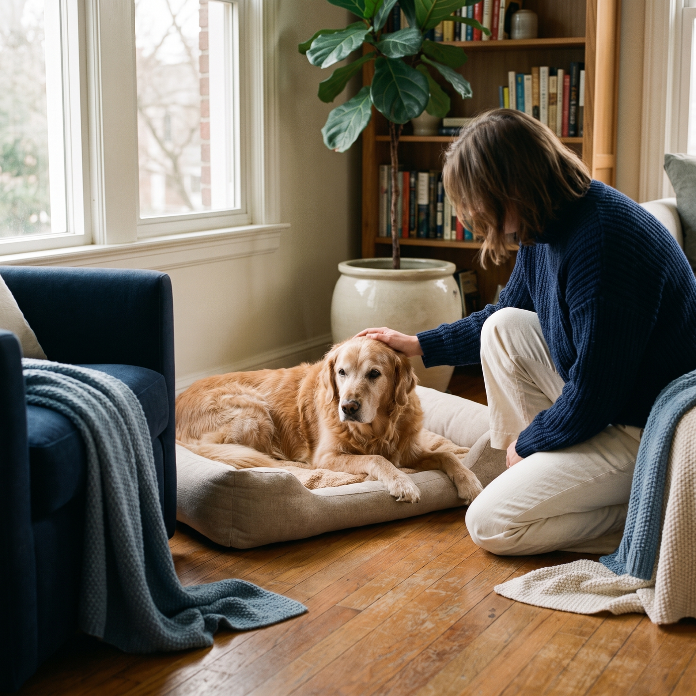 A woman gently petting her senior golden retriever resting on Sir Archer's oatmeal bolster dog bed