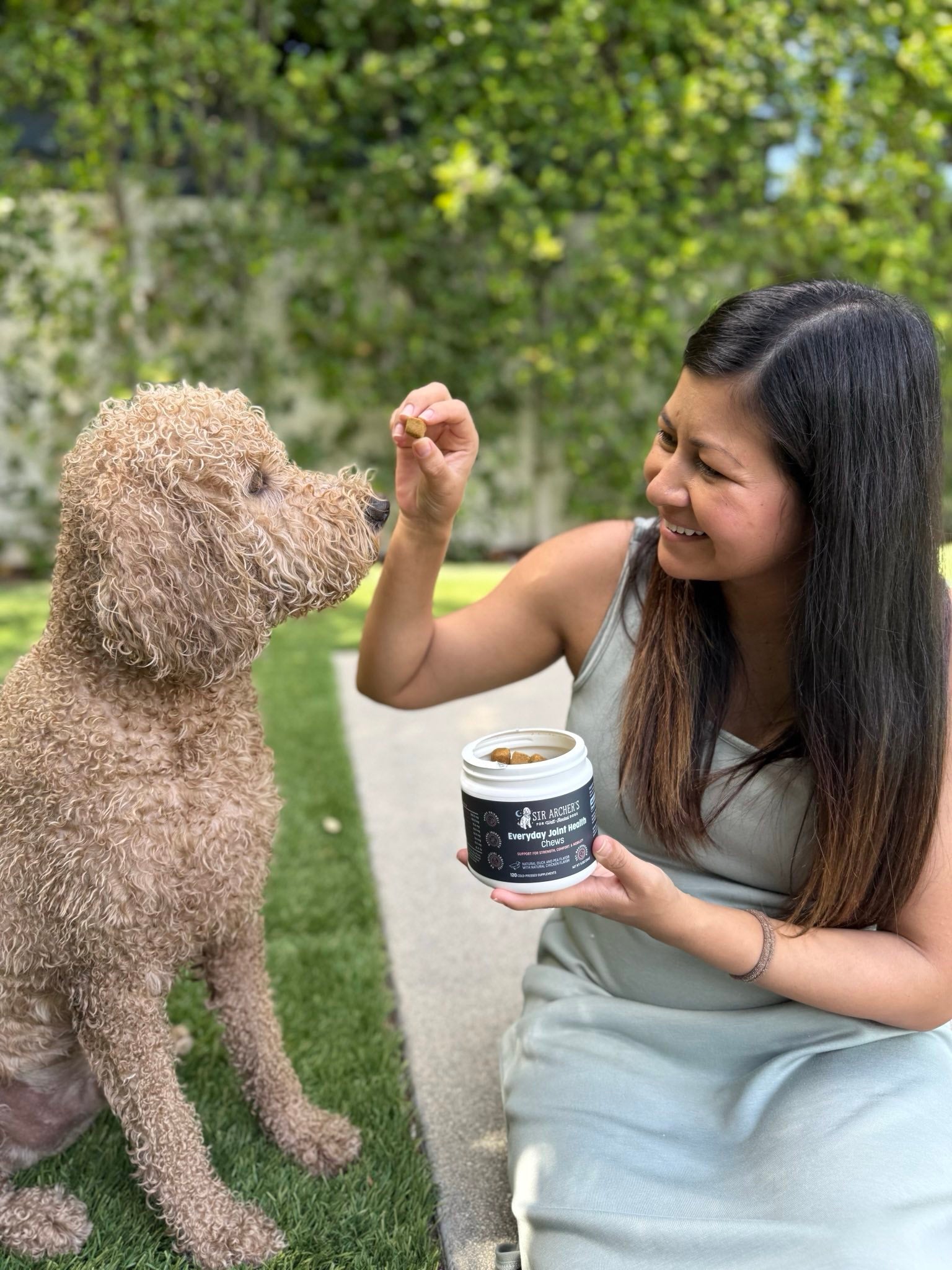 'Bottle of 'BADA BING! BADA BEEF!' beef sprinkles for dogs with label featuring cartoon dogs.'