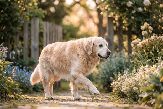 A senior golden retriever moving easily along a garden path