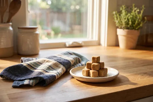 Soft dog chews on a dish beside navy and cream linen in a warm kitchen
