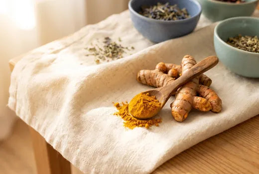 Fresh turmeric root and golden turmeric powder on cream linen