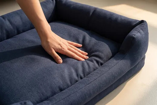 A hand pressing into the Everyday Bed cushion, showing the memory foam holding its shape